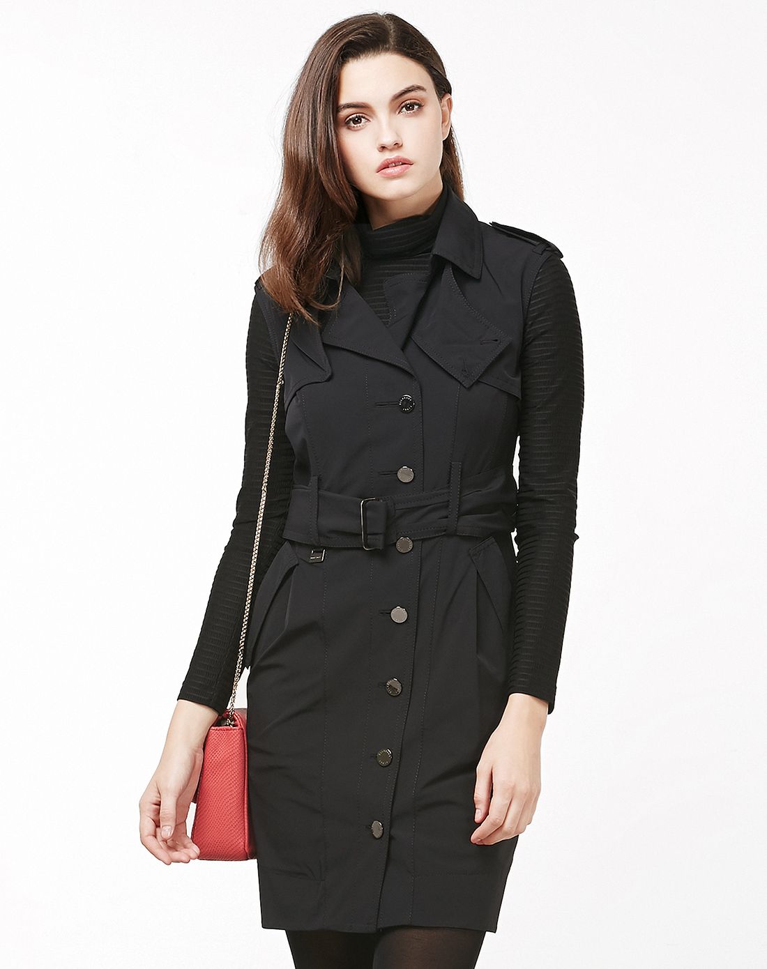 黑色斯文修身无袖风衣