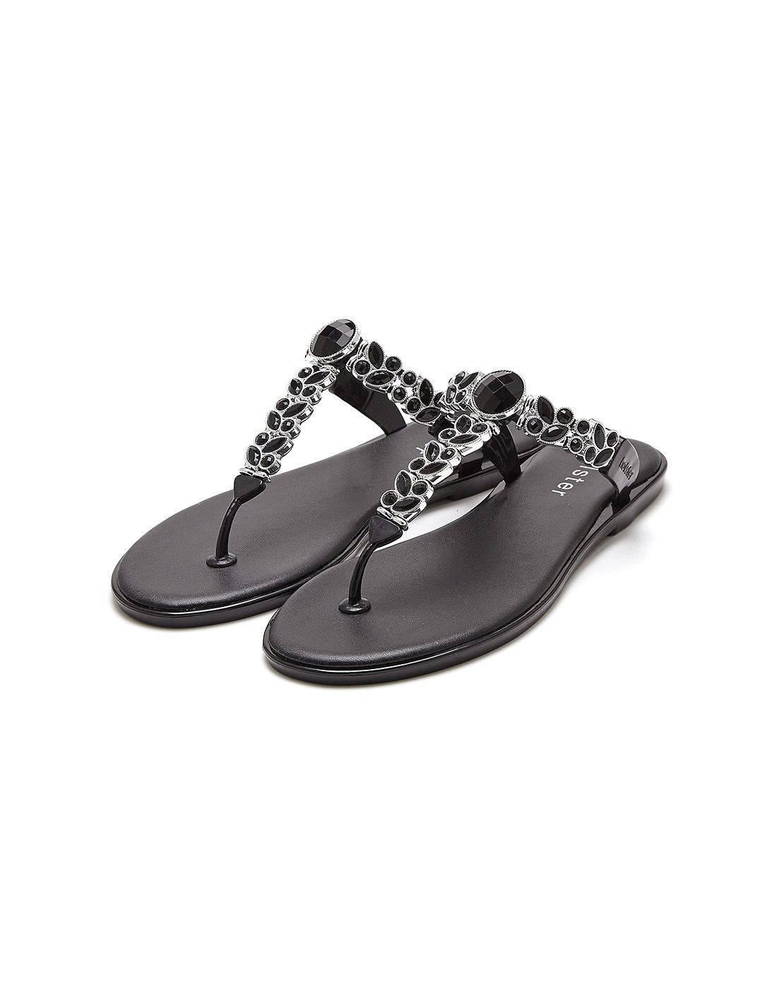 碳晶黑 潘多拉 镶饰平底t字夹趾凉拖