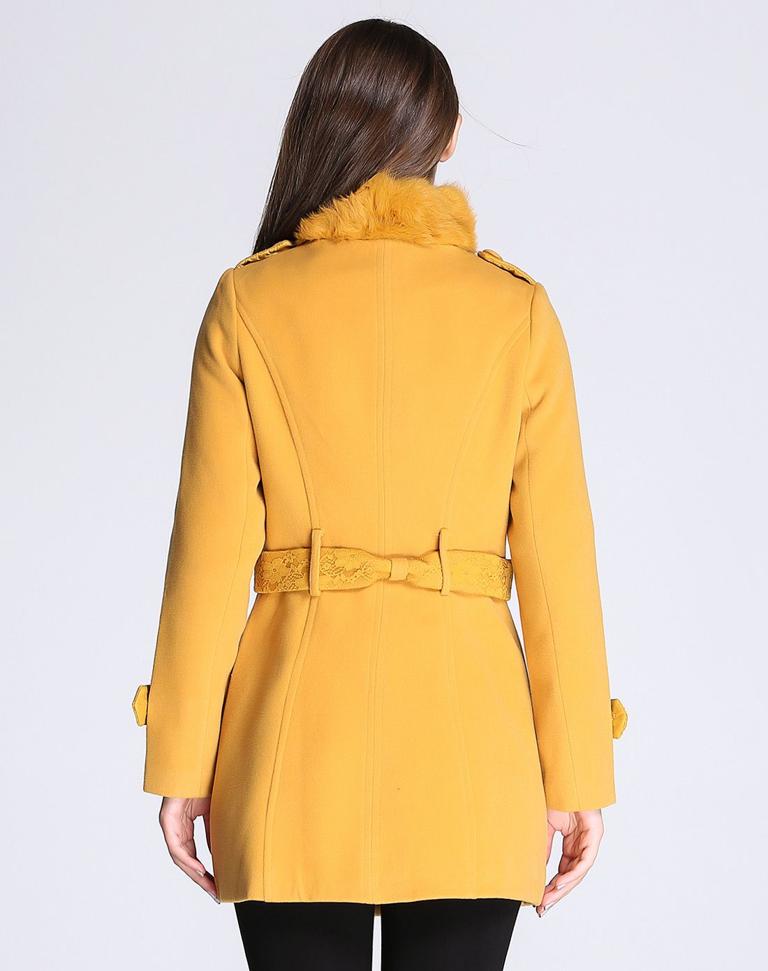 芥末黄纯色双排扣毛呢大衣
