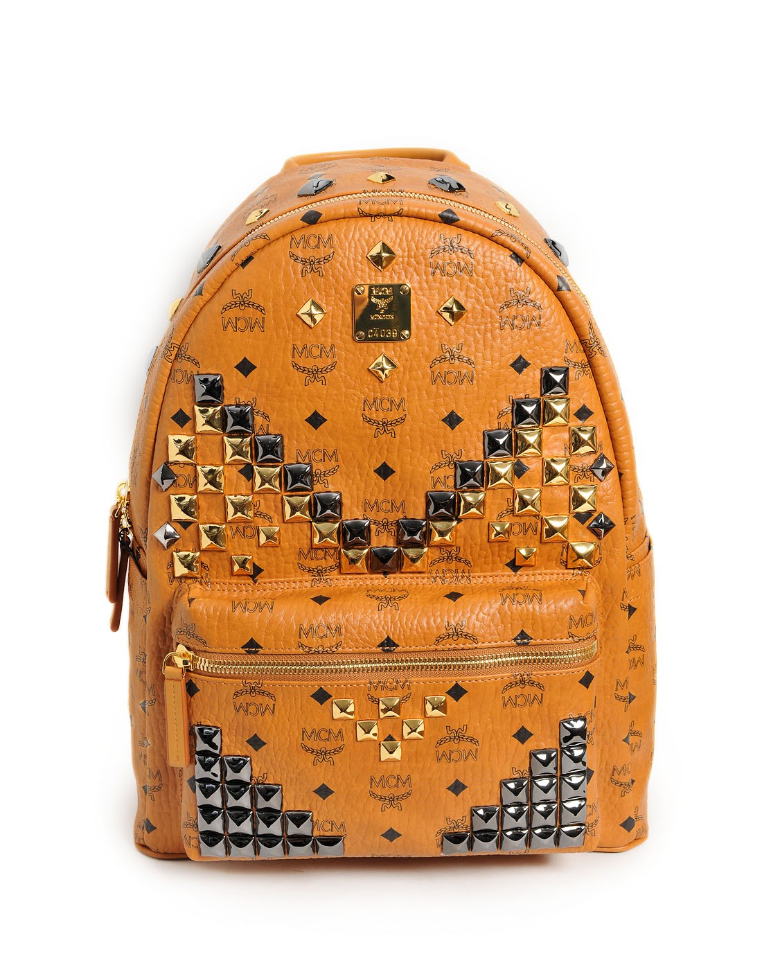 mcm包包及配件专场mcm 中性黄棕色黑金钉片潮流时尚双肩包(中号)mmk5a