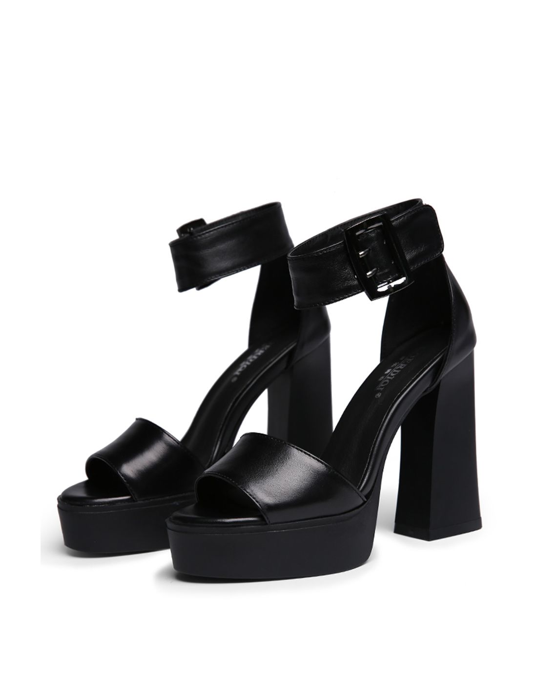 女款黑色牛皮一字绑带粗跟时装凉鞋