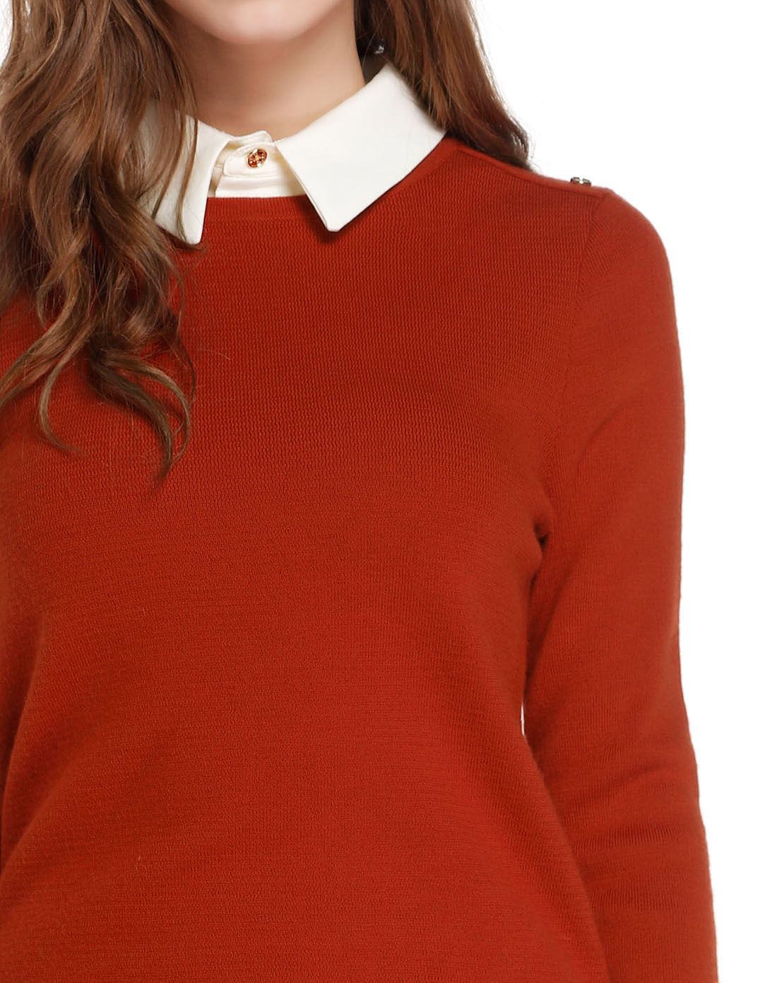 深橙红色百搭休闲长袖针织衫