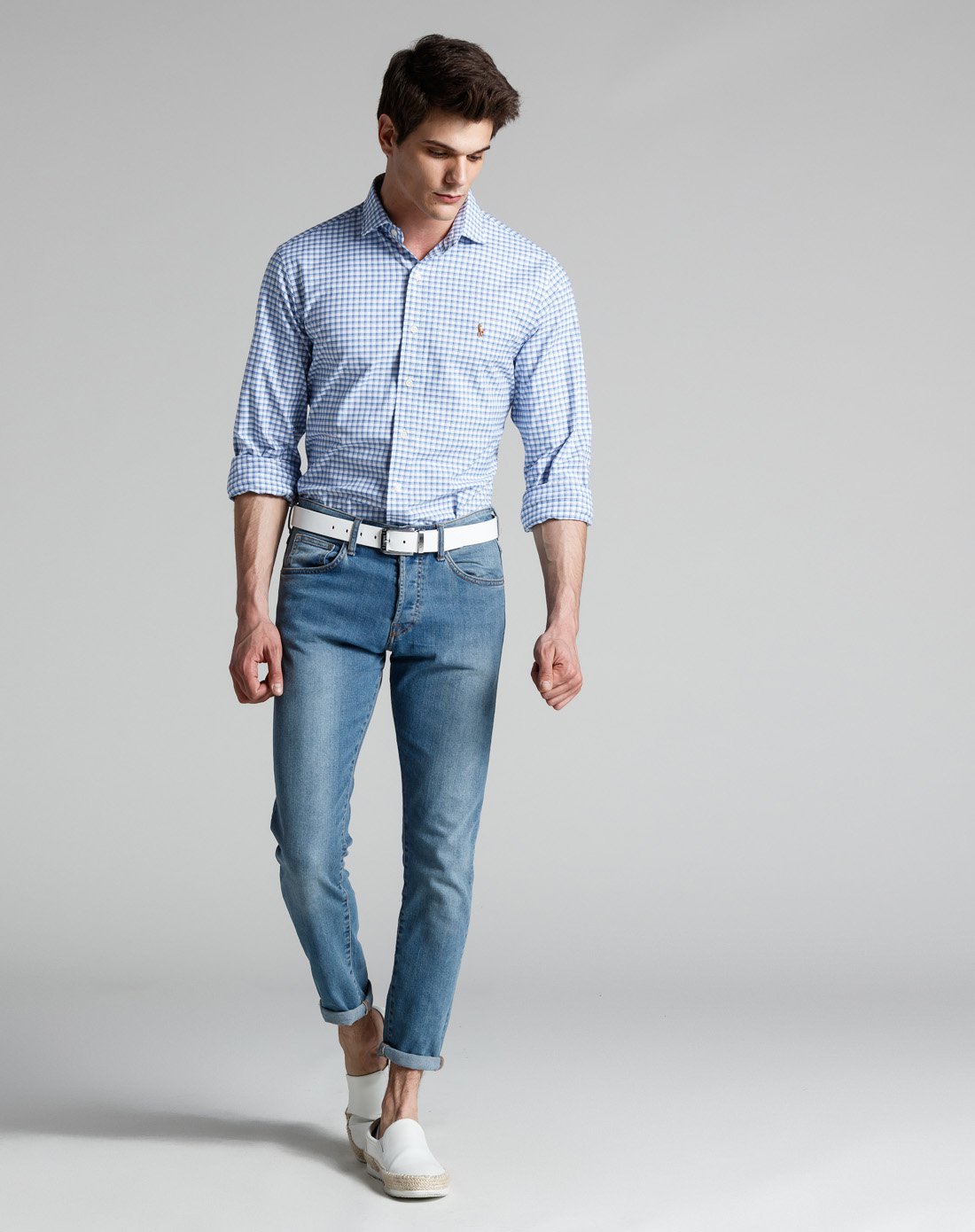 拉夫·劳伦新款男士商务经典格子修身休闲运动衬衫男长袖