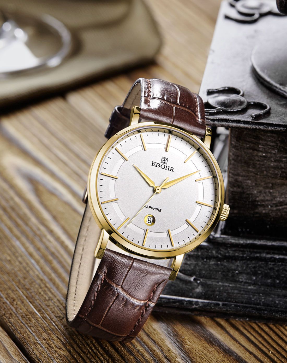 依波ebohr依波 【唯品首发】时尚简约大开面间金色棕色皮带石英男士