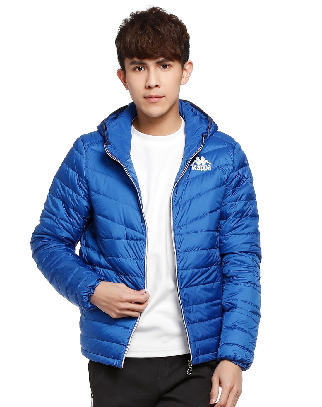 卡帕kappa男士运动专场舒适保暖 男款蓝色连帽长袖羽绒服k0552yy03