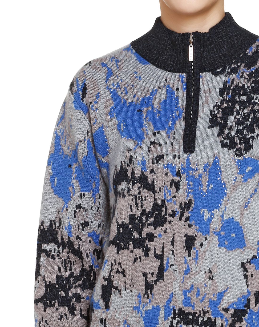 灰黑/蓝色提花烫钻休闲长袖山羊绒衫