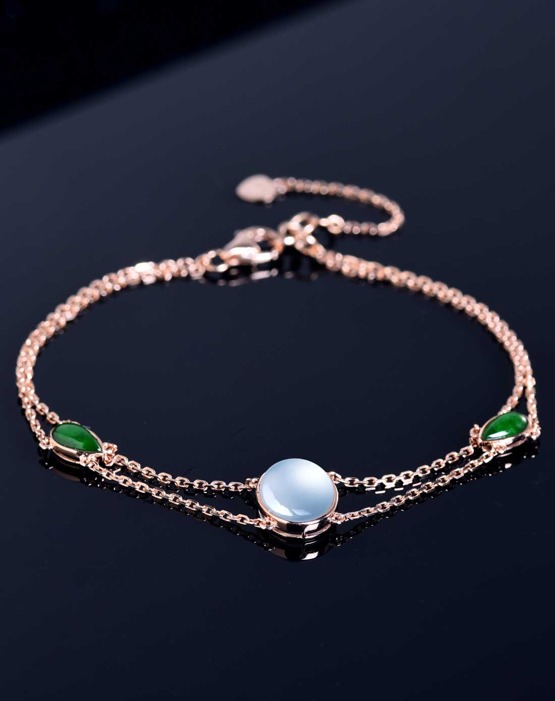 宝蒂娜 18k金镶嵌冰种蛋面翡翠手链配石帝王绿翡翠