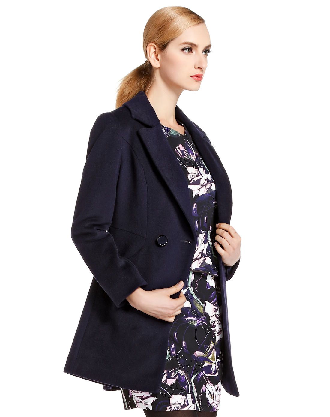 斯尔丽深蓝色欧美风时尚长袖大衣