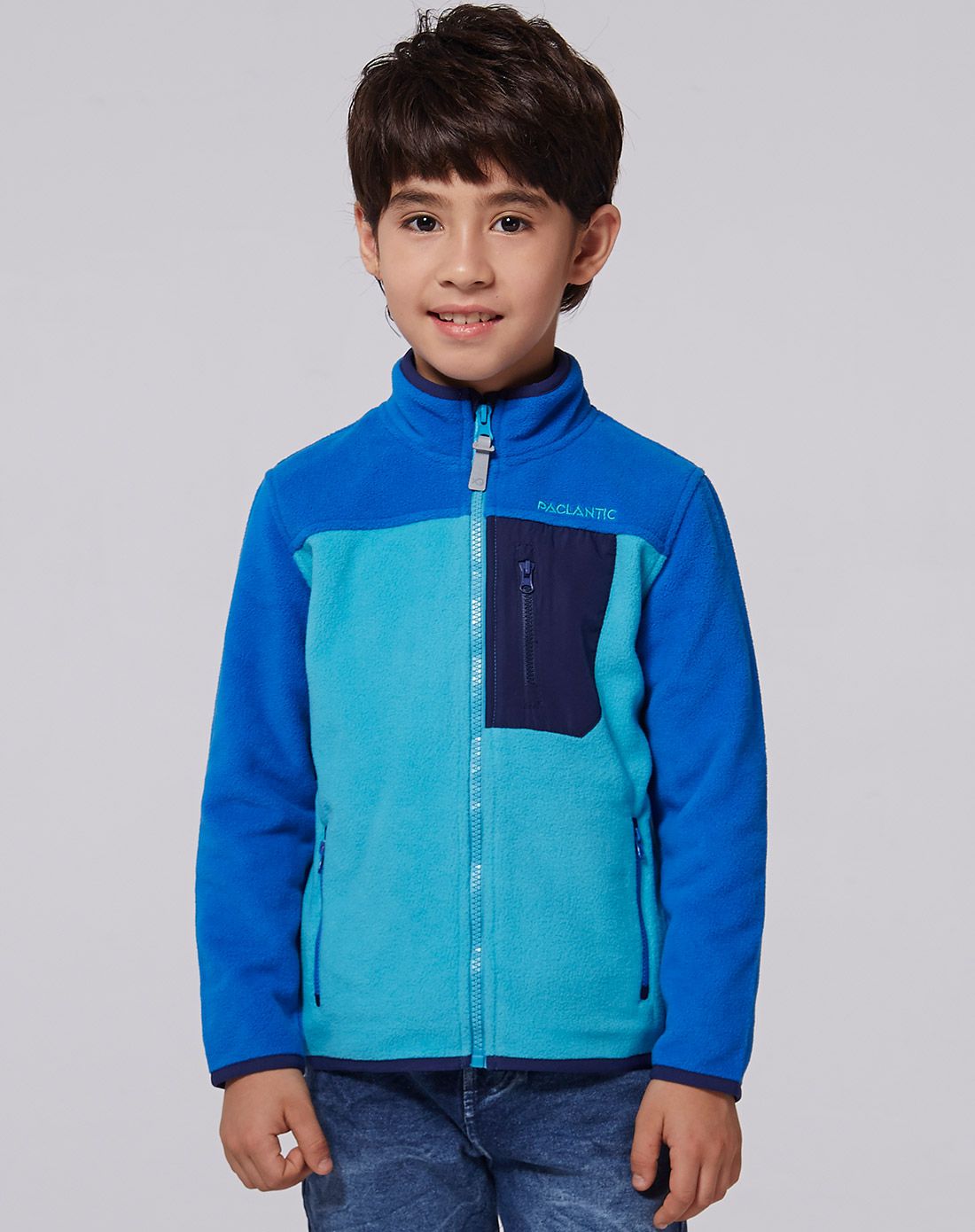 男童太空蓝/浅孔雀蓝摇粒拼色开衫