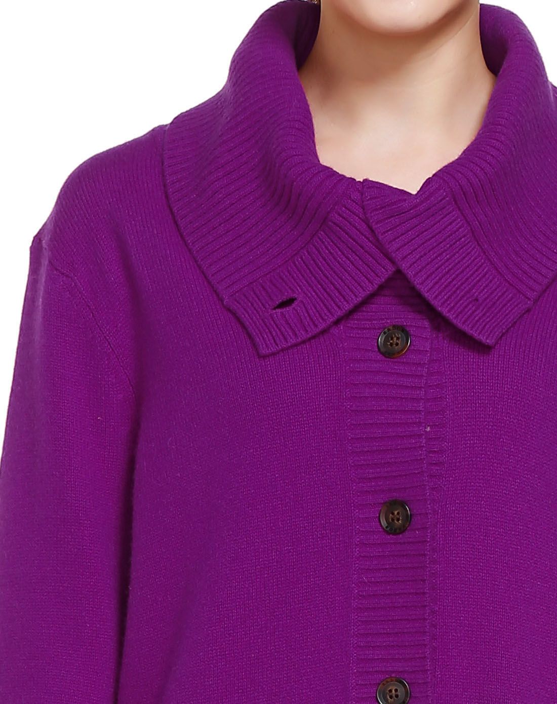 女款玫紫色双口袋开襟长袖山羊绒衫