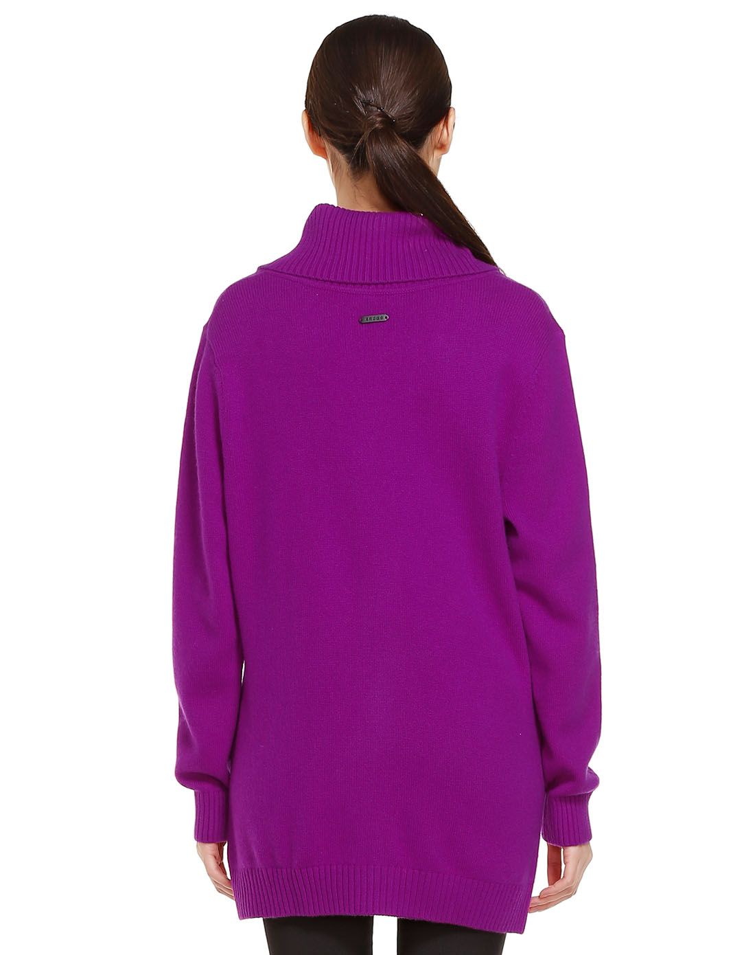 女款玫紫色双口袋开襟长袖山羊绒衫