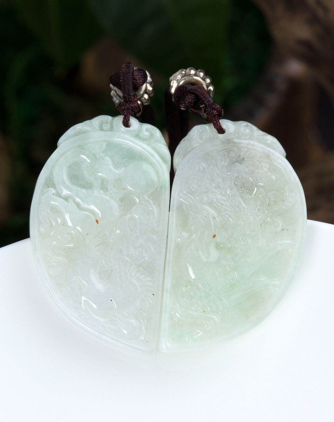 天然a货糯种巧雕龙凤和鸣翡翠对牌