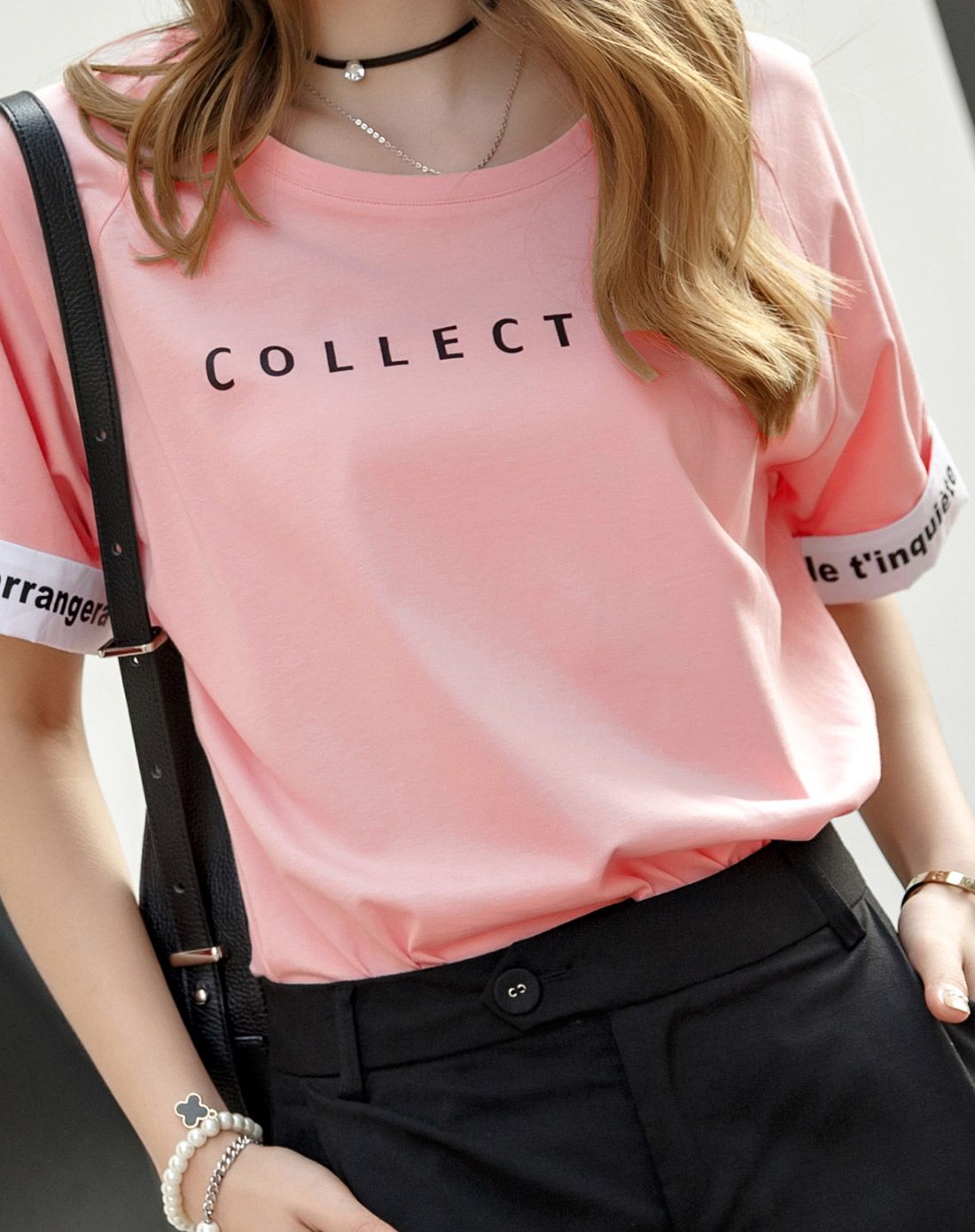 粉色简约修身短袖t恤