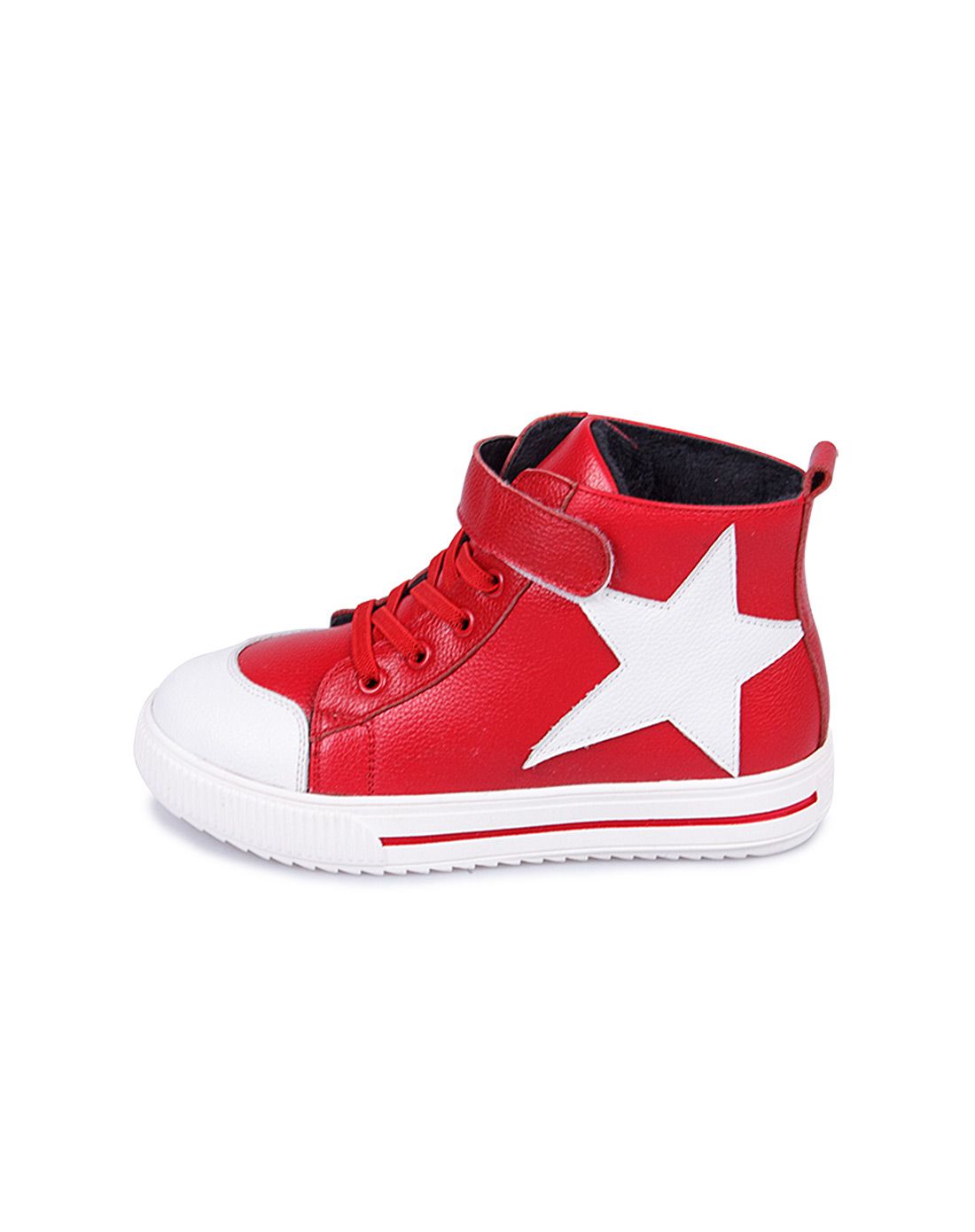 女童红色真皮五角星高帮休闲鞋