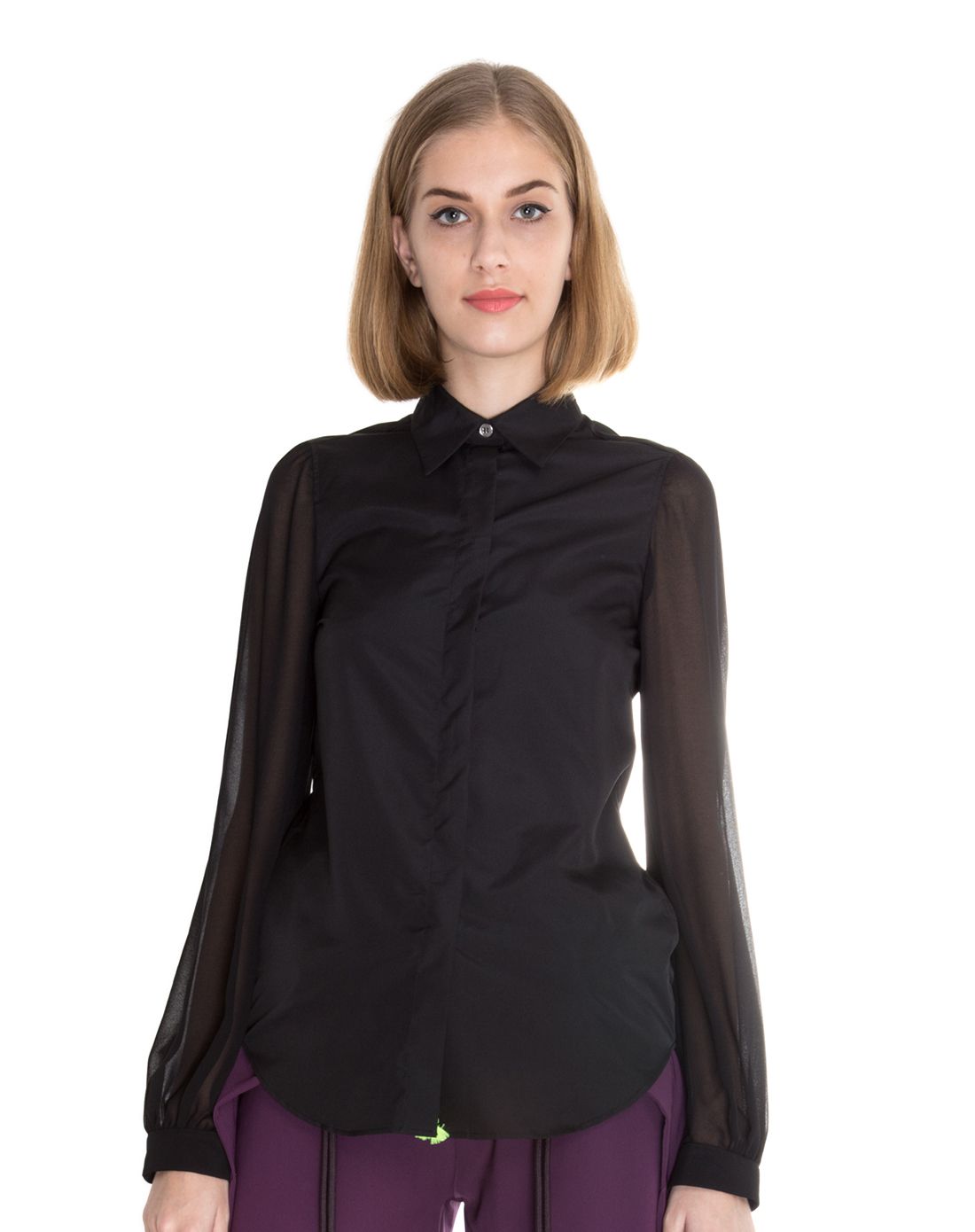 女款黑色薄纱袖拼接精纺衬衫