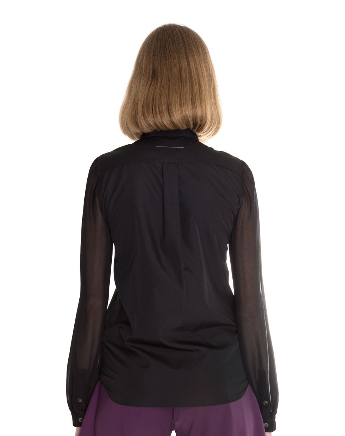 女款黑色薄纱袖拼接精纺衬衫