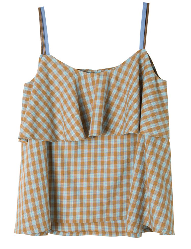 韩国nain极简设计师女装品牌nain 韩版时尚夏季新品 格子荷叶吊带衬衫