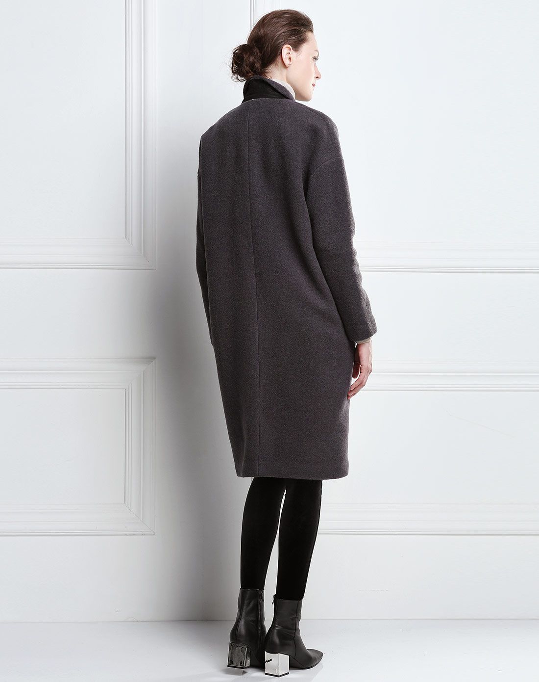 炭灰色落肩袖针织呢大衣