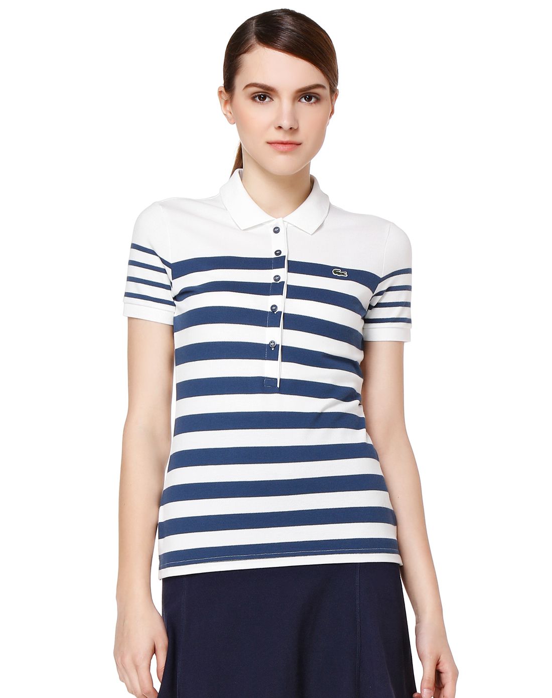 鳄鱼lacoste女装专场 女款白/蓝色朴素条纹短袖t恤