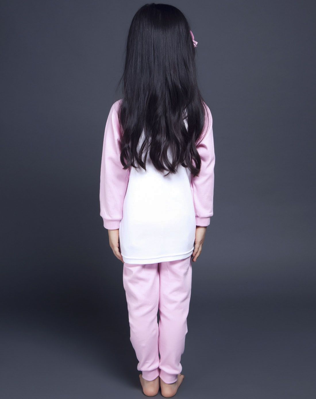 女童粉色芦荟棉毛斜肩印花儿童内衣套装