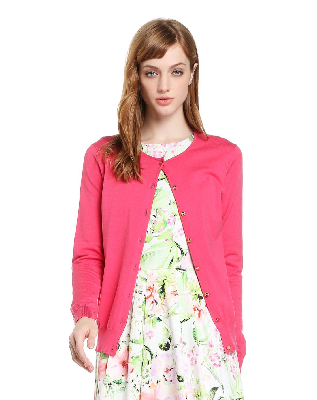 mainline女款桃红色混桑蚕丝针织衫开衫