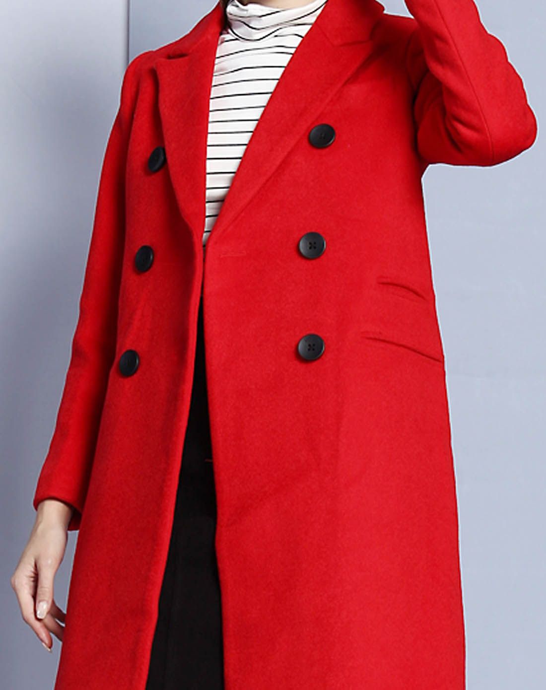 红色端庄气质长袖长款大衣