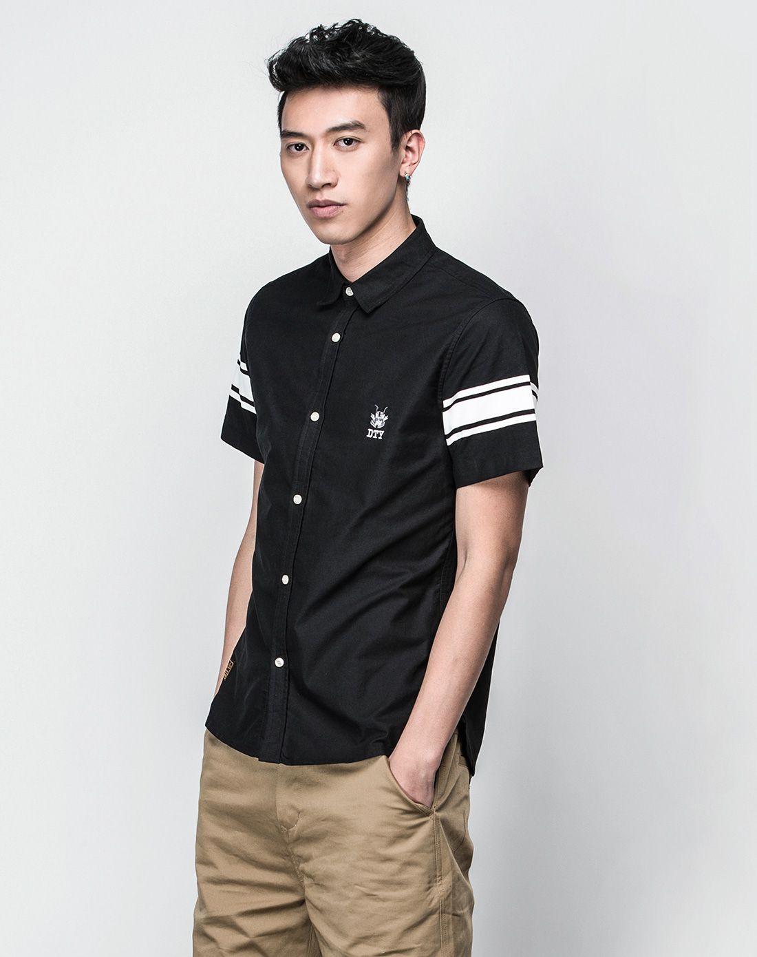 纯棉经典 男款黑配白色短袖衬衫