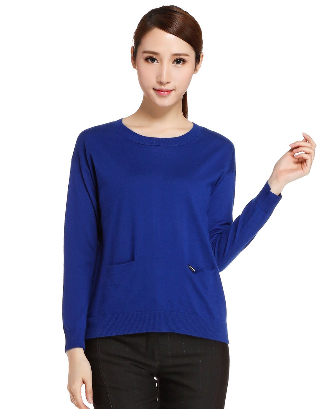中酞蓝淑女舒适圆领山羊绒长袖针织衫