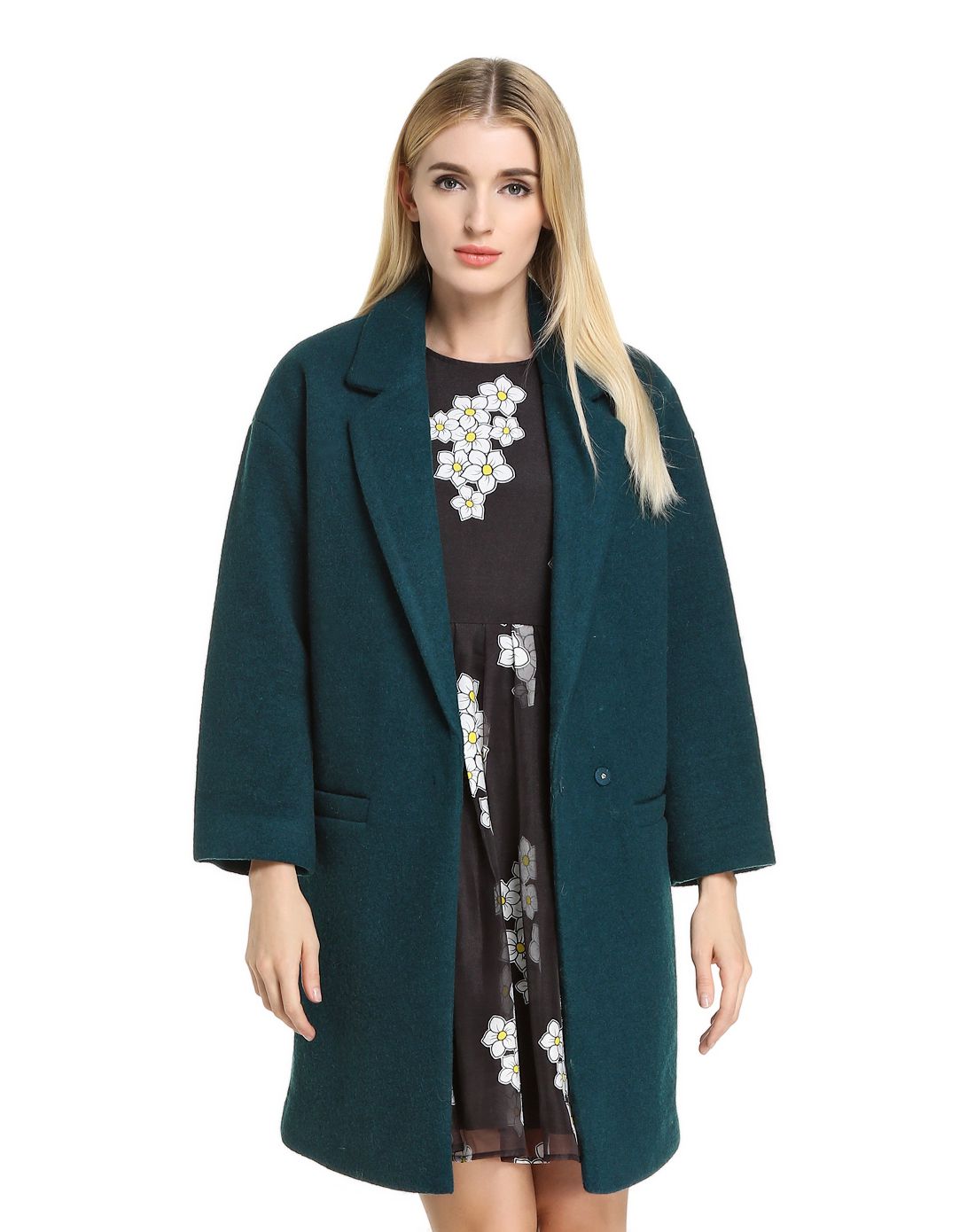 蓝绿色简约大方长款大衣