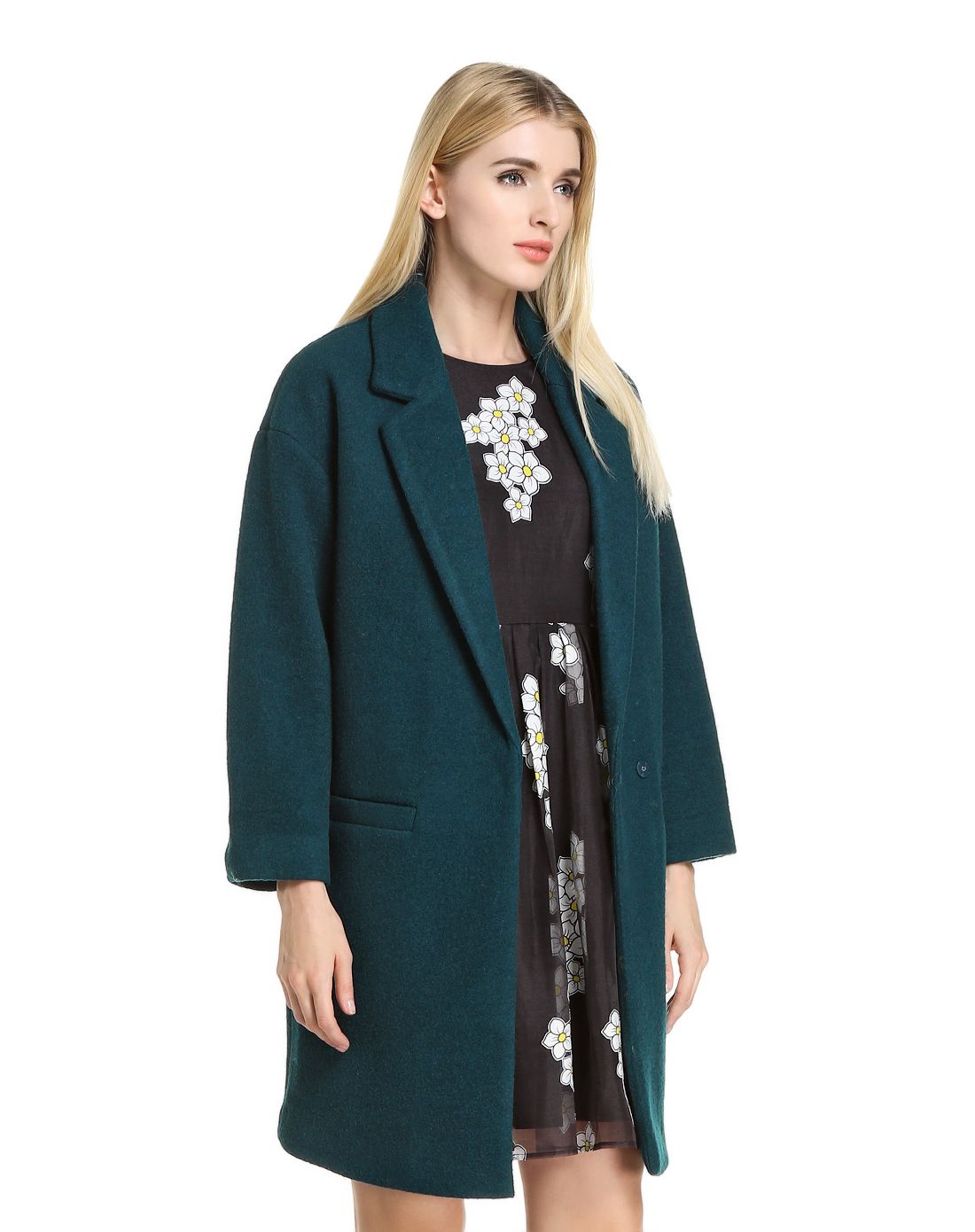 蓝绿色简约大方长款大衣