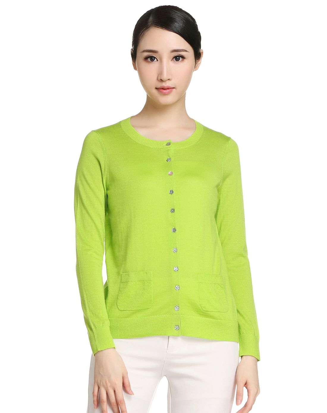 女款豆绿色简洁基本款开襟长袖山羊绒衫