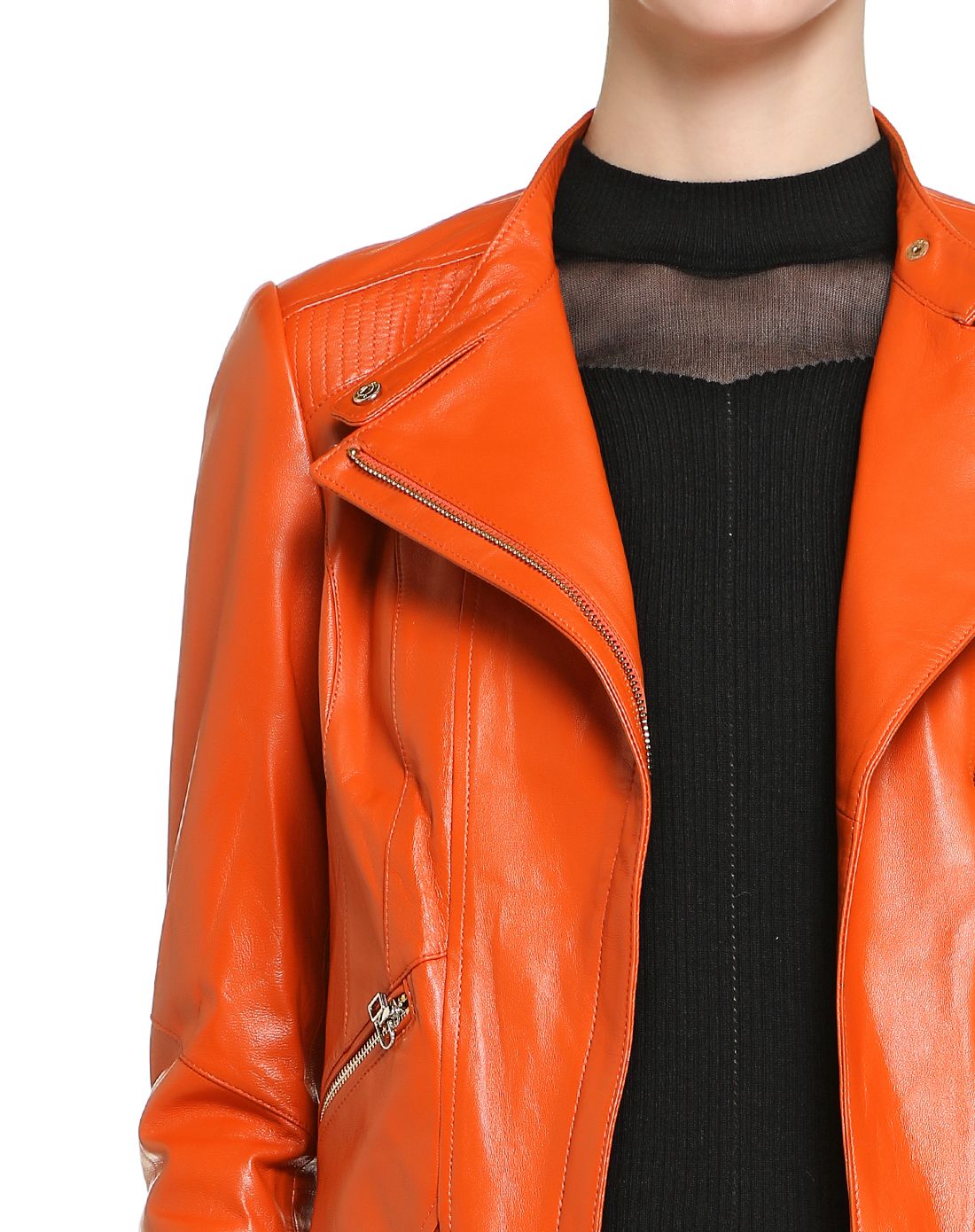 橙色时尚气质长袖皮衣