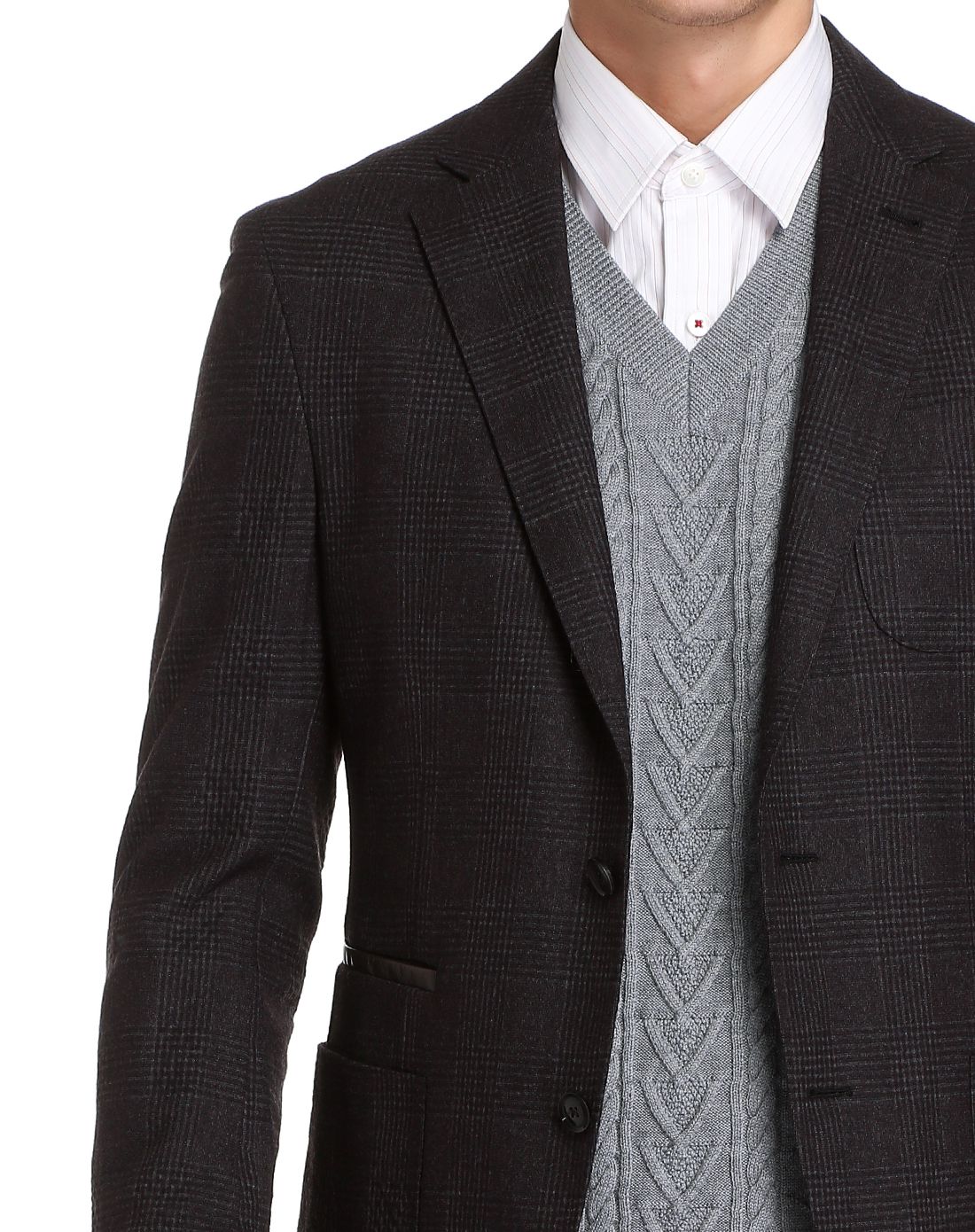 棕灰色格纹商务长袖西服