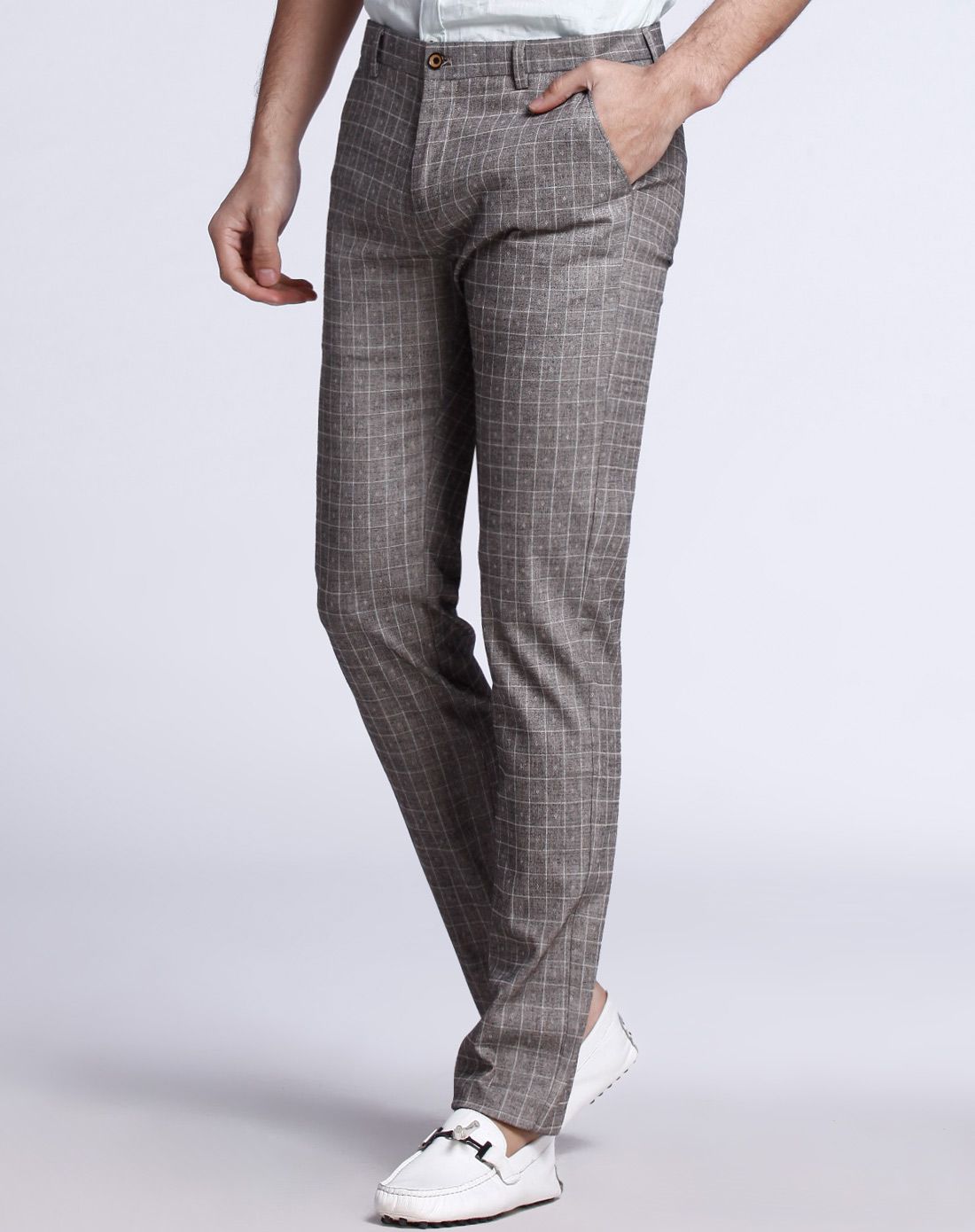 男款咖色时尚都市格子休闲长裤