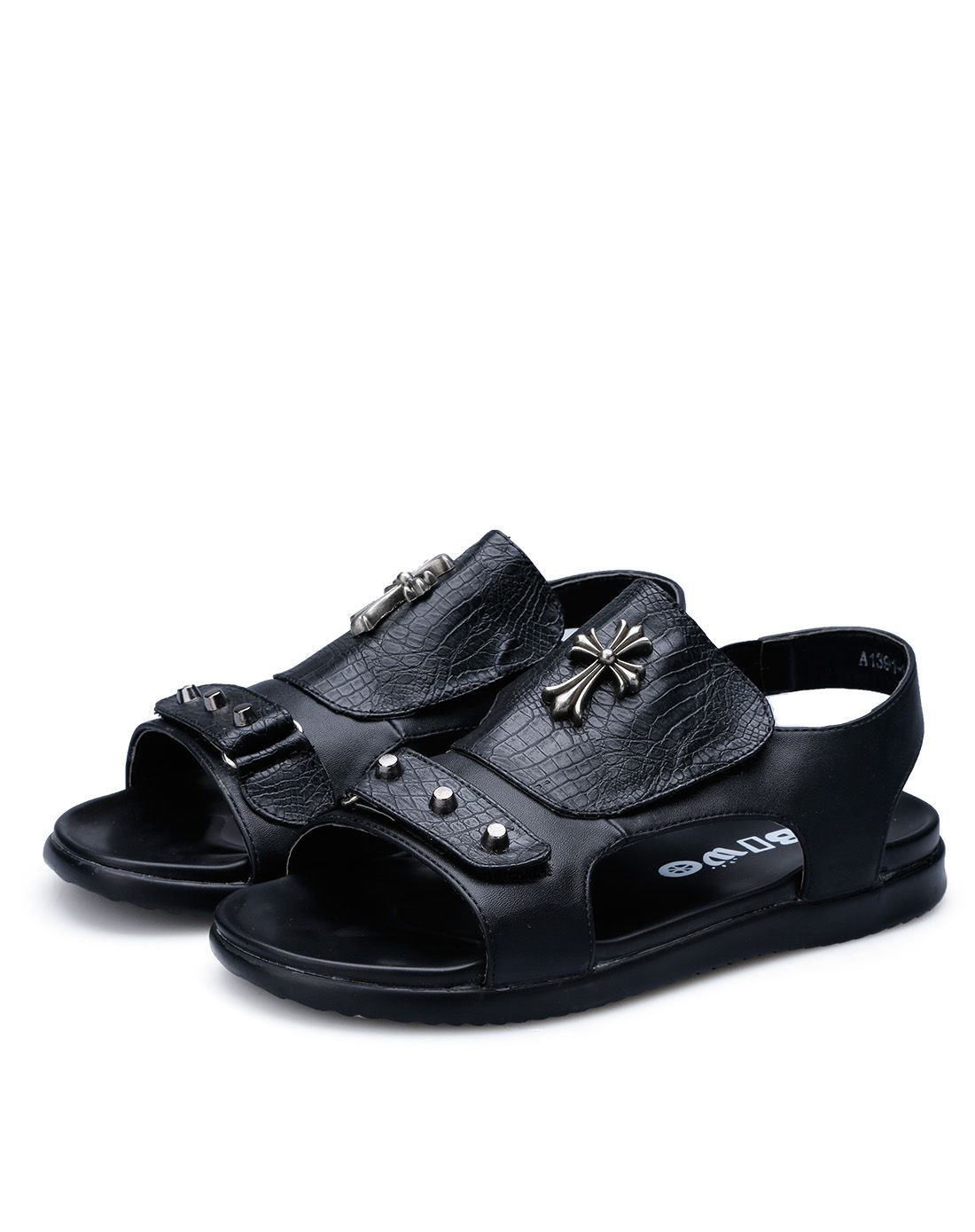 男童黑色大童皮纹pu凉鞋