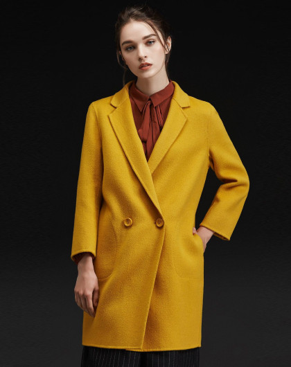 金黄色欧美休闲双面羊毛呢中长款大衣
