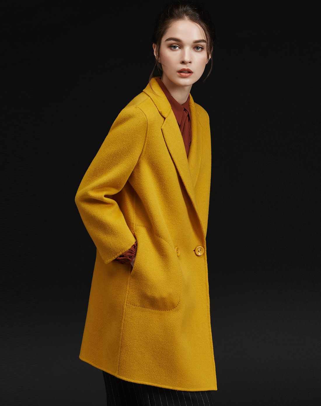 金黄色欧美休闲双面羊毛呢中长款大衣