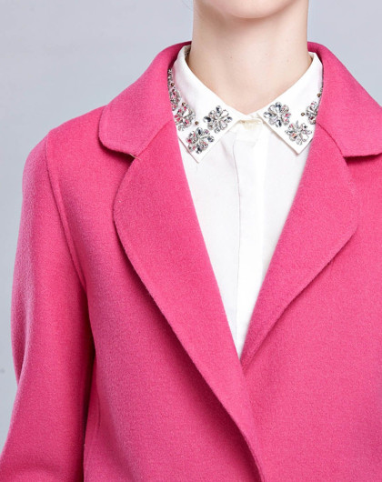 女款浅玫红色西装领双面呢大衣