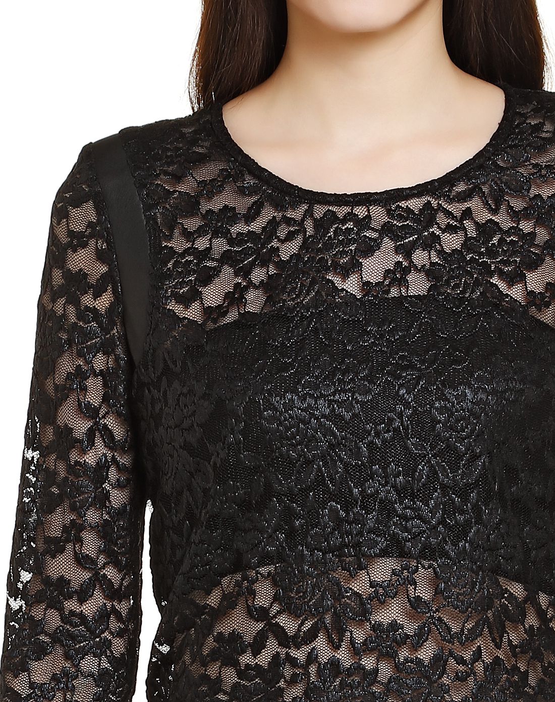 黑色镂空蕾丝长袖上衣