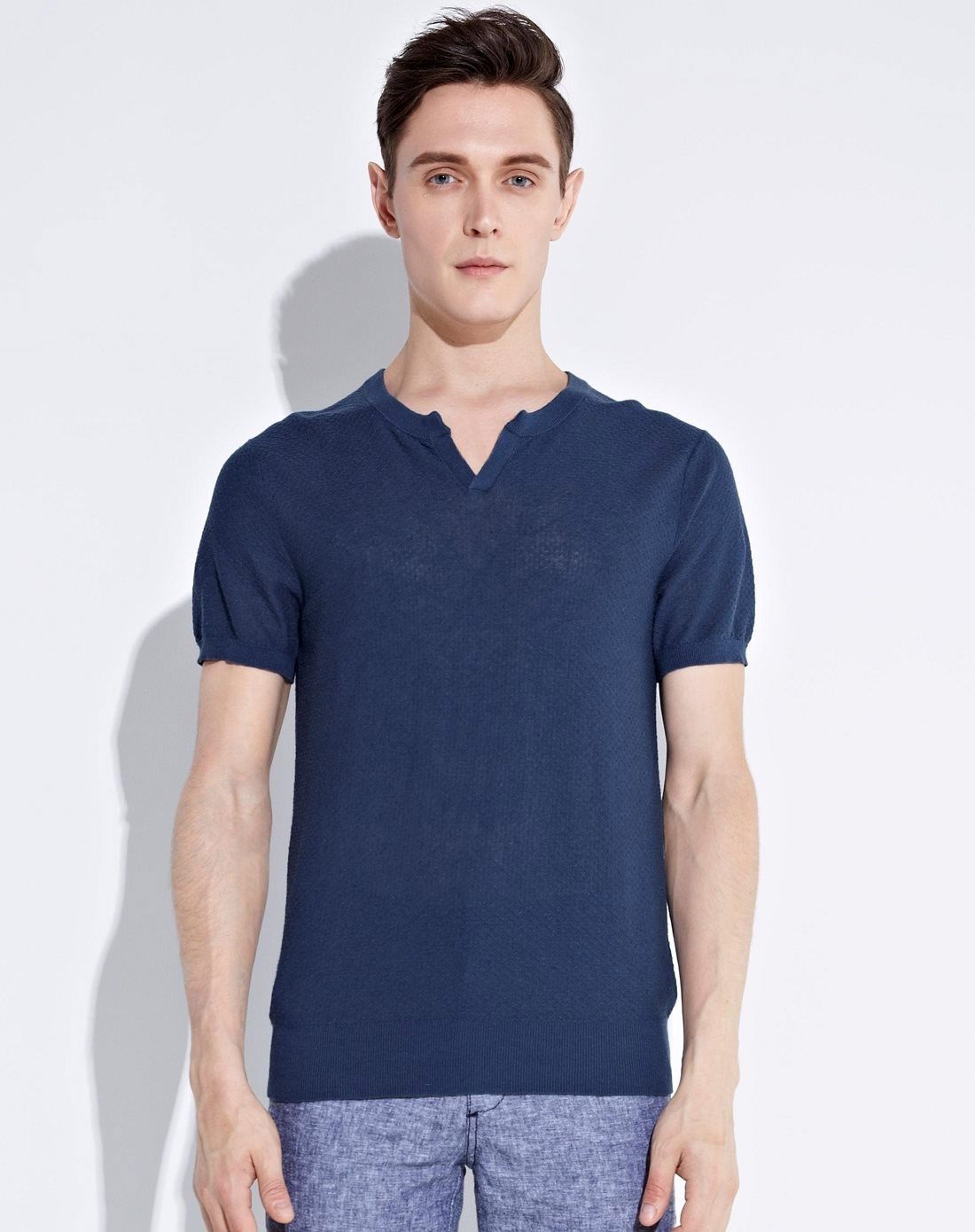 深靛蓝色 舒适麻棉罗纹鸡心领针织短袖t恤