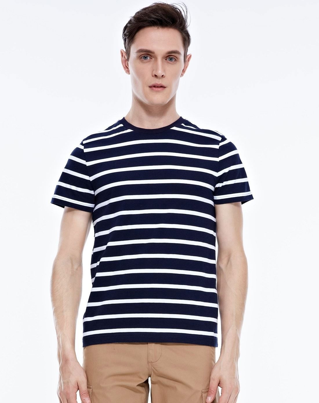 海军蓝/白条纹色 纯棉轻磨毛撞色条纹短袖t恤