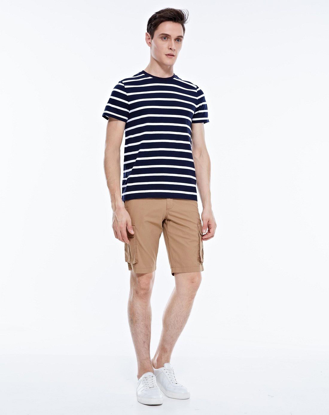 海军蓝/白条纹色 纯棉轻磨毛撞色条纹短袖t恤