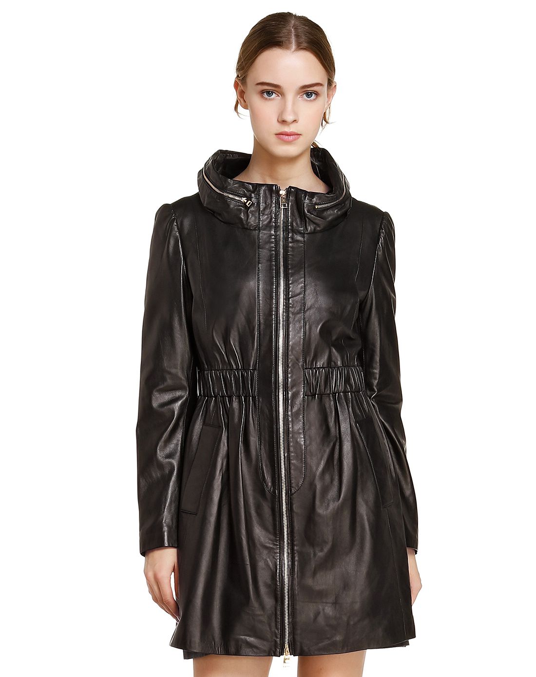 黑色时尚潮流长袖中长款皮衣