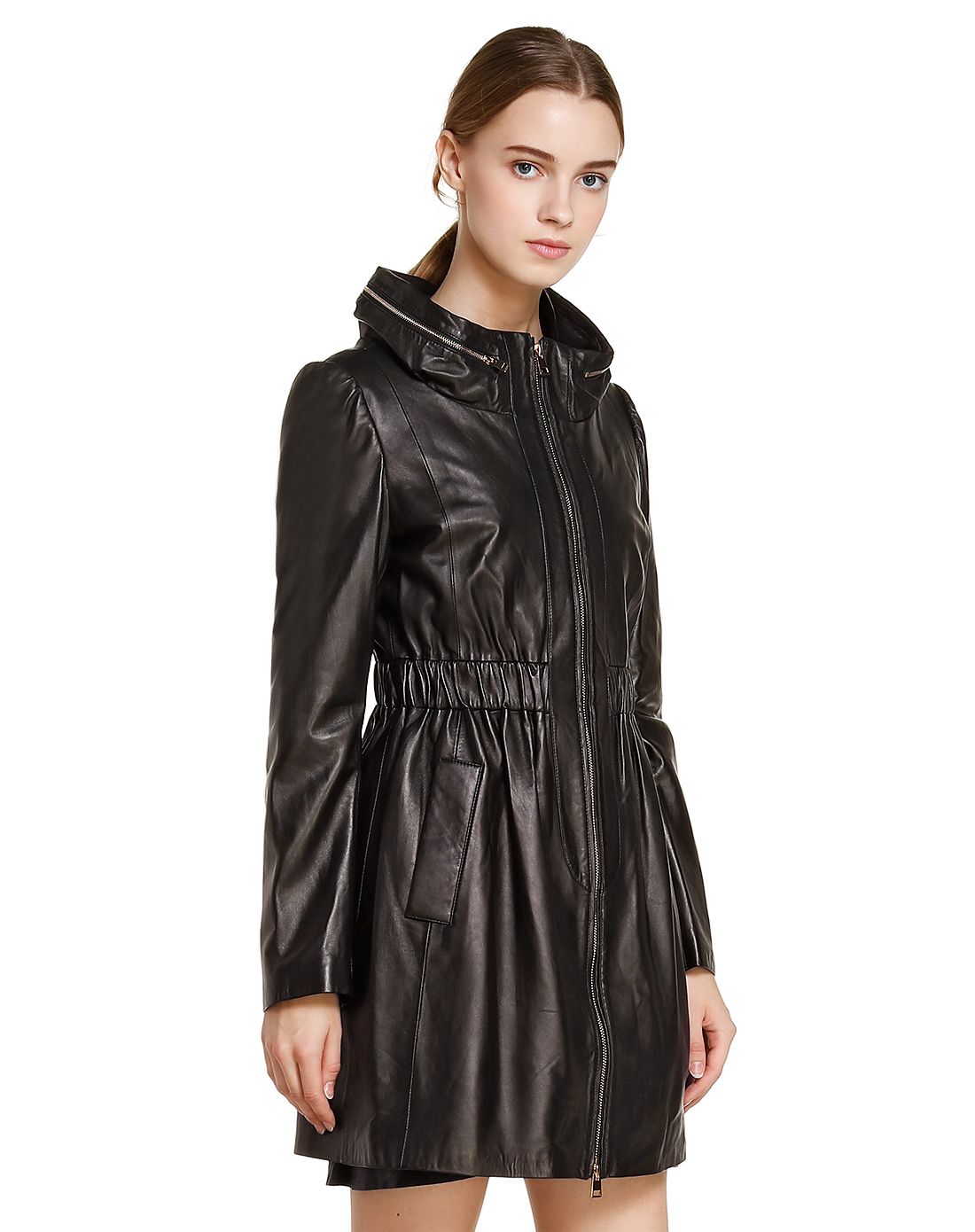 黑色时尚潮流长袖中长款皮衣