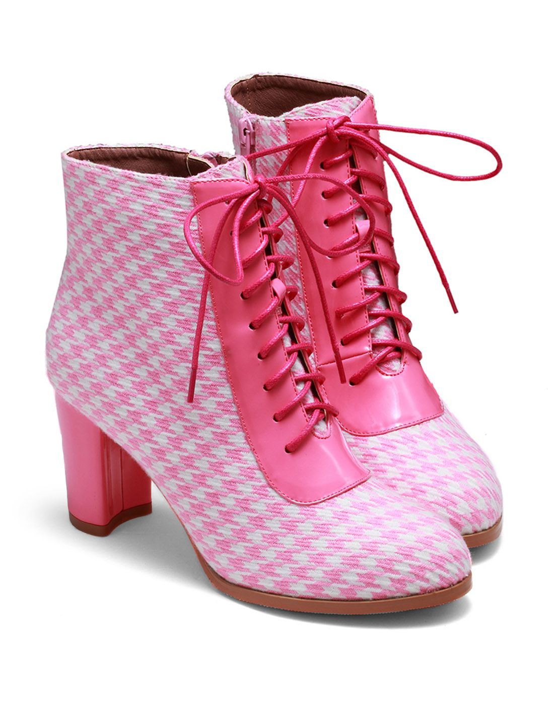 秋冬款-粉色-复古千鸟格交叉绑带粗跟短靴
