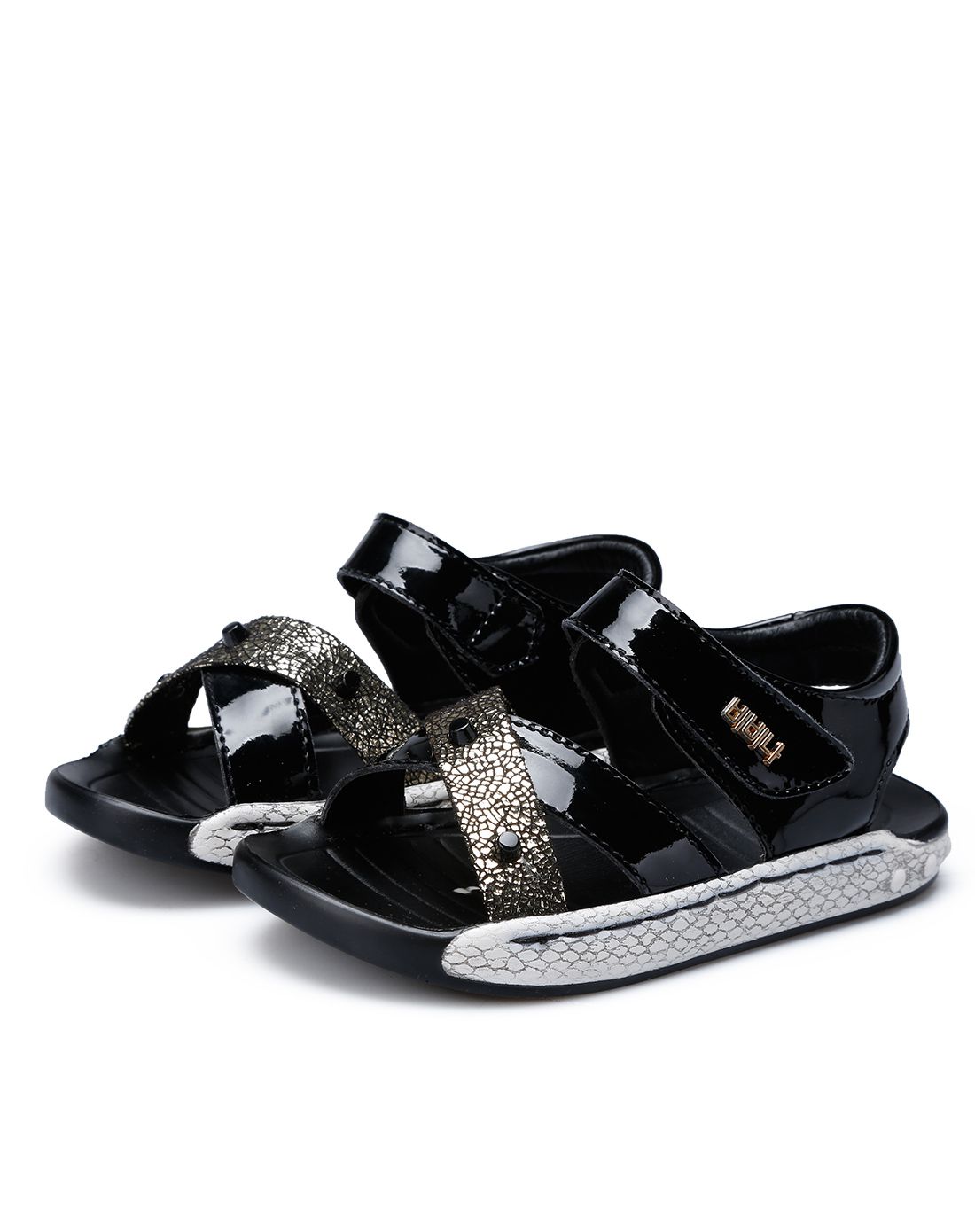 男童黑色小童真皮爆裂皮/pu凉鞋