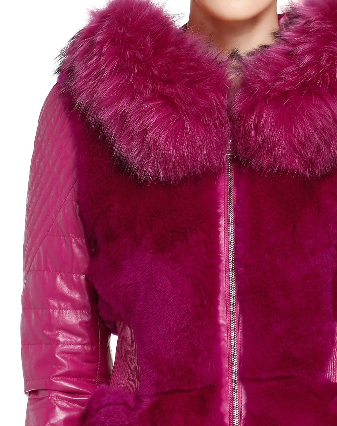 bernis深玫红色时尚简约长袖皮羽绒外套