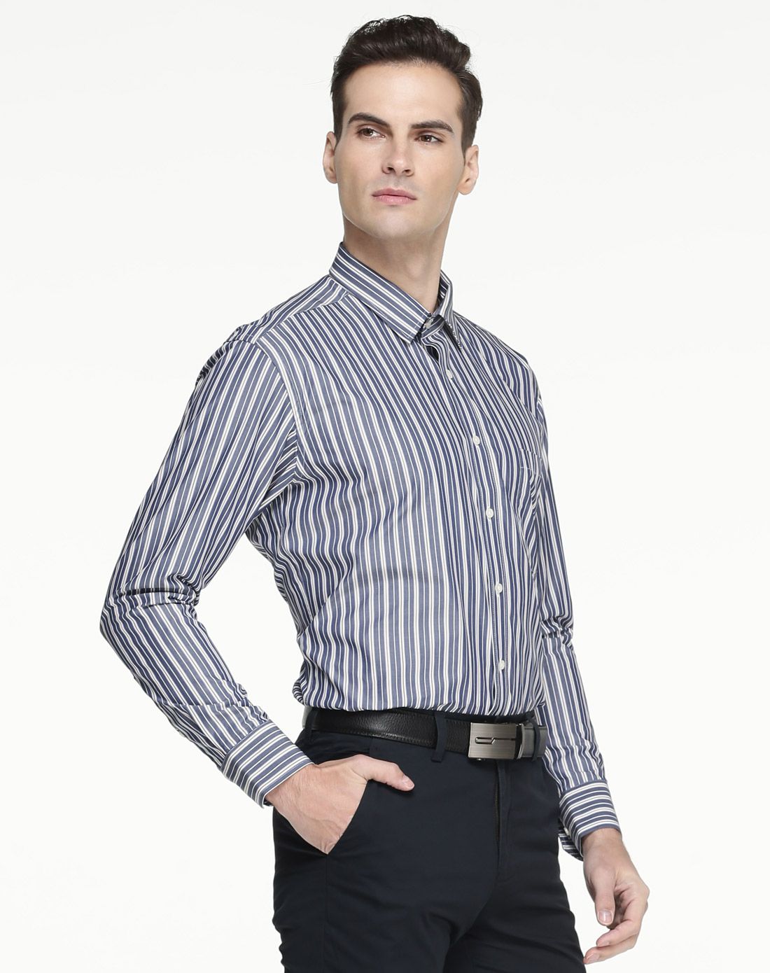 卡丹狄诺cardeendino男装衬衫西服专场蓝色竖条纹经典优雅长袖衬衫cs