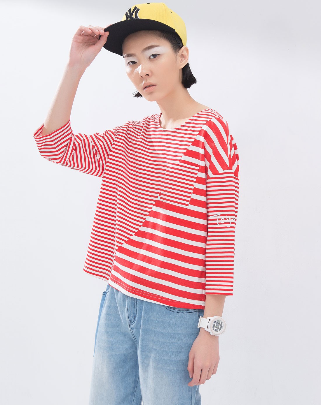 【春新款】红白条条纹不对称中袖t恤