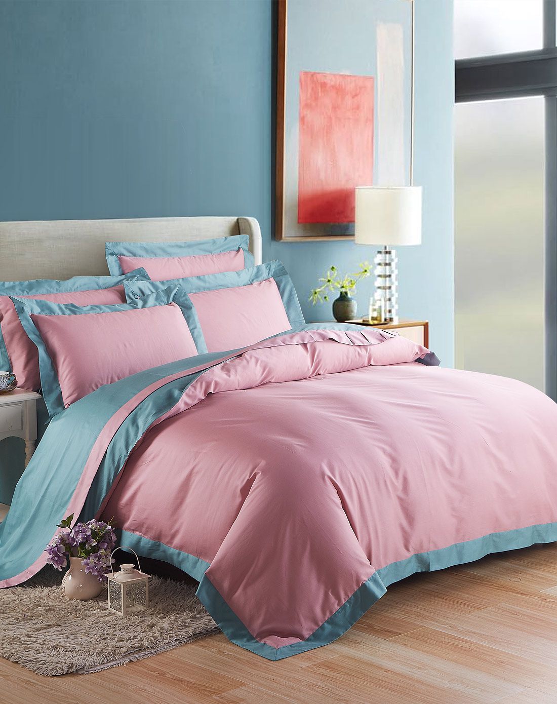 1.8米床绿色环保丝光棉素色四件套-浅红咖墨绿